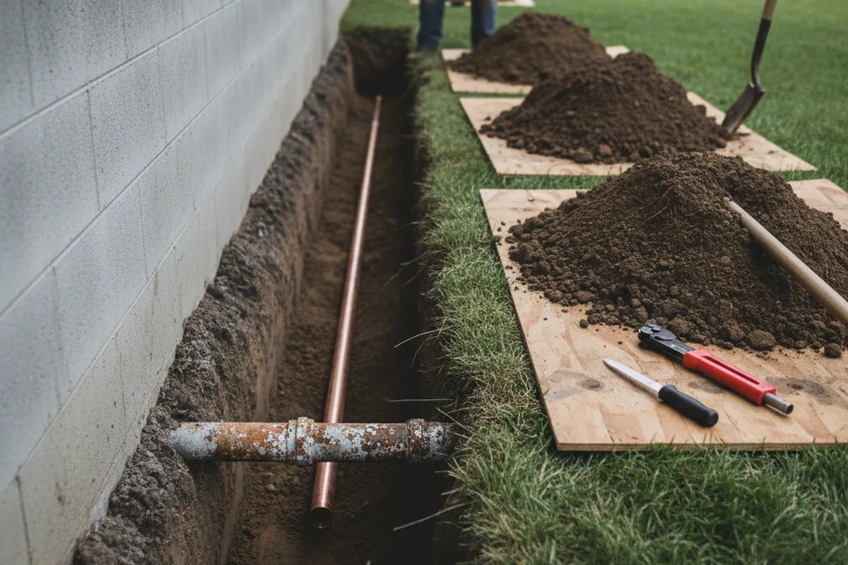 Excavated water line trench during Water Softener Installation in Maitland